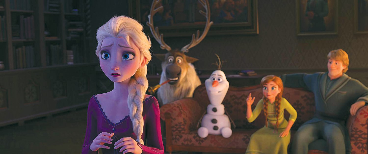 Queen Elsa (far left, voiced by Idinia Menzel) turns away from the reindeer Sven, snowman Olaf (voiced by Josh Gad), Princess Anna (voiced by Kristen Bell) and Kristoff (voiced by Jonathan Groff).