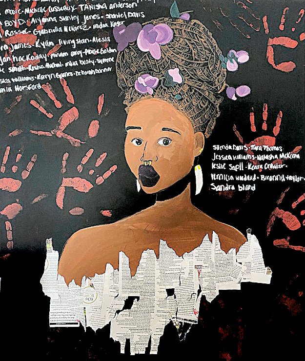 Tiana Brooks’ piece, ‘Say Their Names,’ features the names of Black women killed by police officers to honor their lives and bring awareness to the issue.