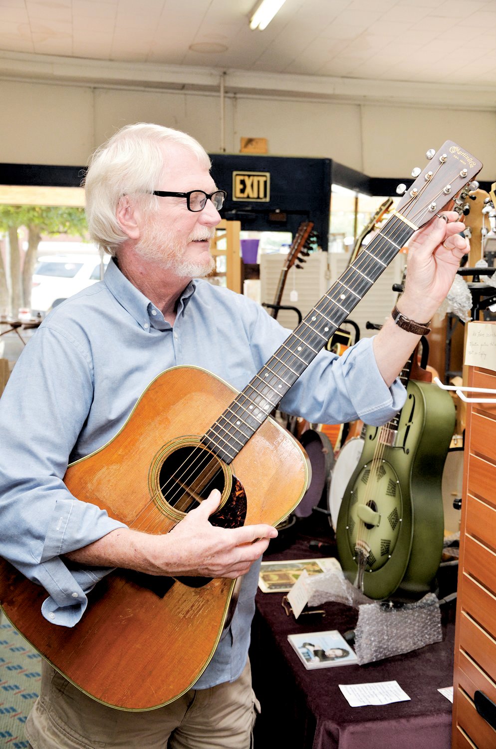 One of Edwards’ favorite instruments in his store on Hillsboro Street in Pittsboro was this classic 1950 Martin D-28. Edwards died Saturday at the age of 75.
