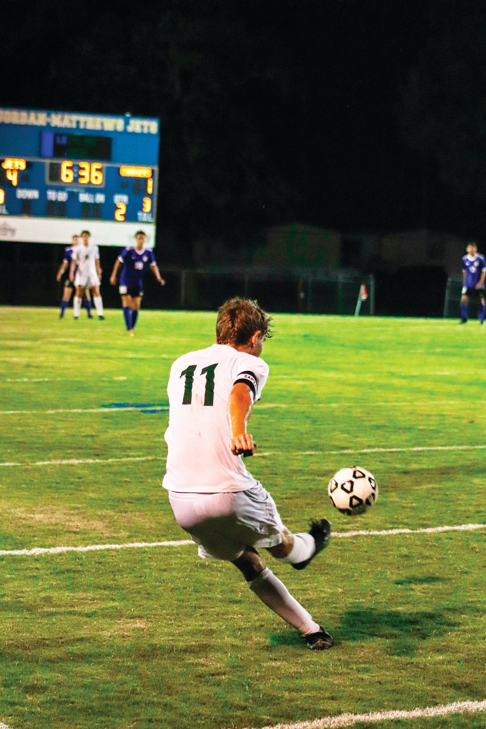 Northwood senior Adam Beaulieu slices the ball downfield in his team's 4-1 loss to Jordan-Matthews last Thursday in Siler City. The Chargers' lone goal came in the first half of the game.