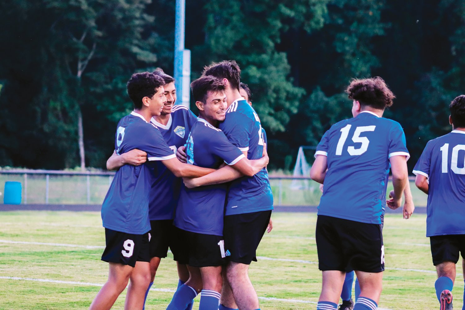 Jordan-Matthews players celebrate one of the team's goals in the Jets' 4-1 season-opening win over Northwood last Thursday in Siler City. J-M came back from a 1-0 deficit in the first half to win.