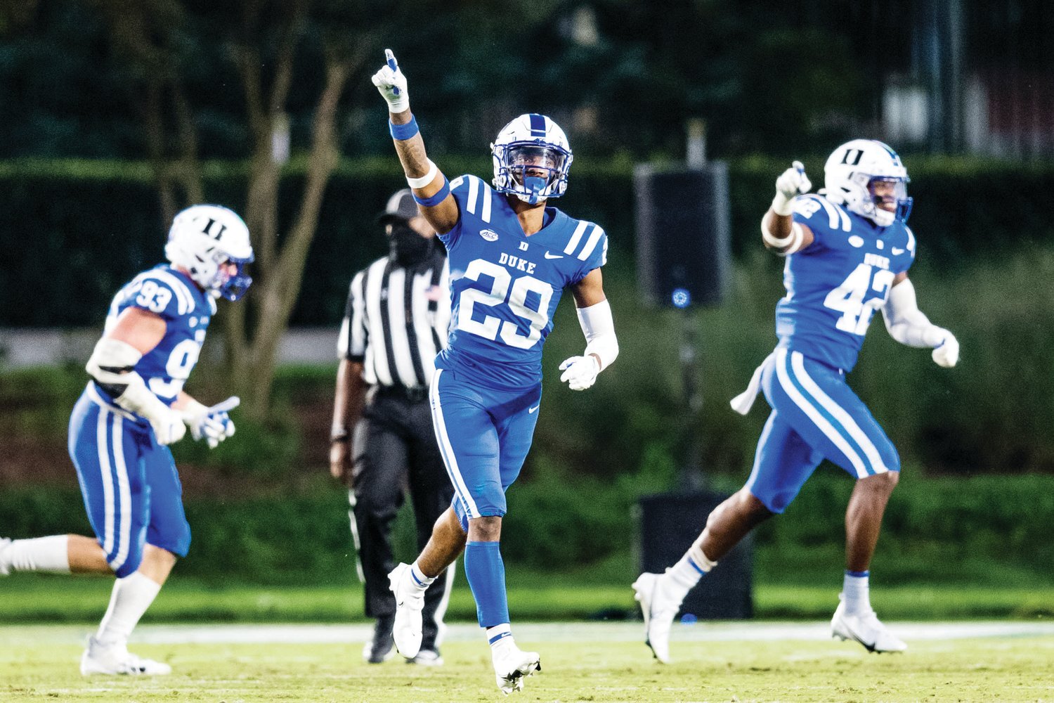 Duke safety Nate Thompson (29) points to the stands as the Blue Devils take on the Virginia Tech Hokies at Wallace Wade Stadium in Durham Oct. 3, 2020.