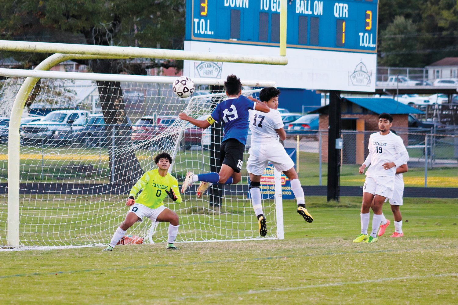 Jordan-Matthews senior Alexis Ibarra (19) attempts to knock-in a shot with a header during the Jets' 6-0 win over the Cummings Cavaliers in Siler City on Monday. With the win, unbeaten J-M improves to 15-0-1 on the season.