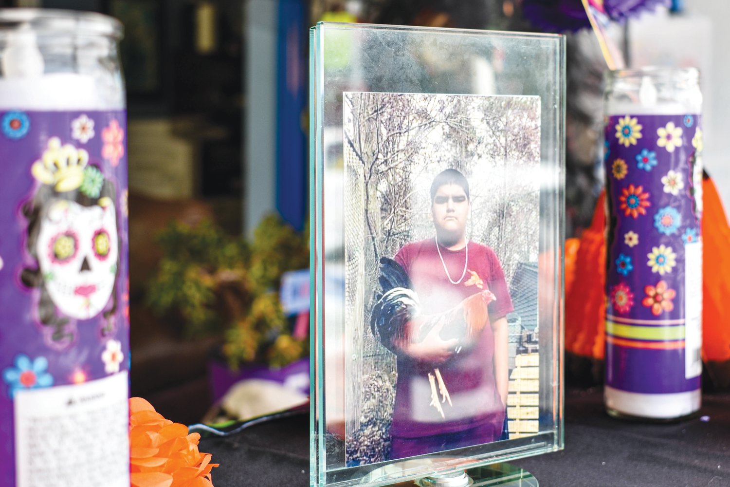 A photo of Bryan Vilchis, a junior at Northwood High School, died in a car crash on Old Graham Road on Oct. 23. CIS' Maria Soto constructed a Day of the Dead altar in his honor, placing his picture at the top. .
