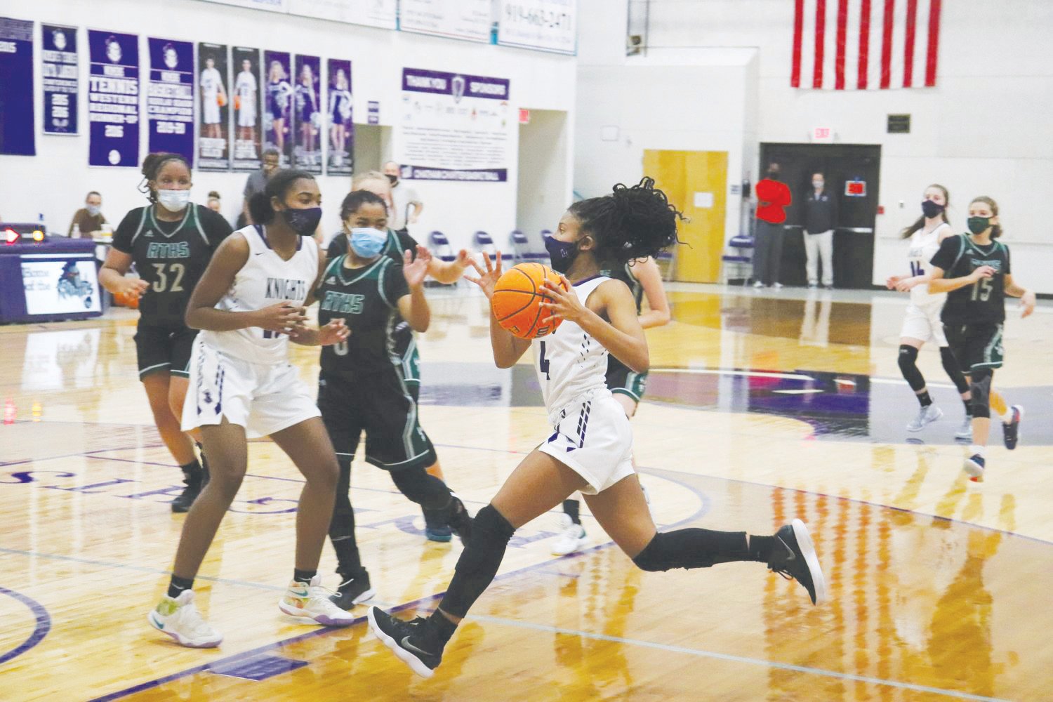 Chatham Charter then-sophomore guard Tamaya Walden (4) had 14 points and a number of fast-break layups in the Knights' home win over Research Triangle on Jan 12.