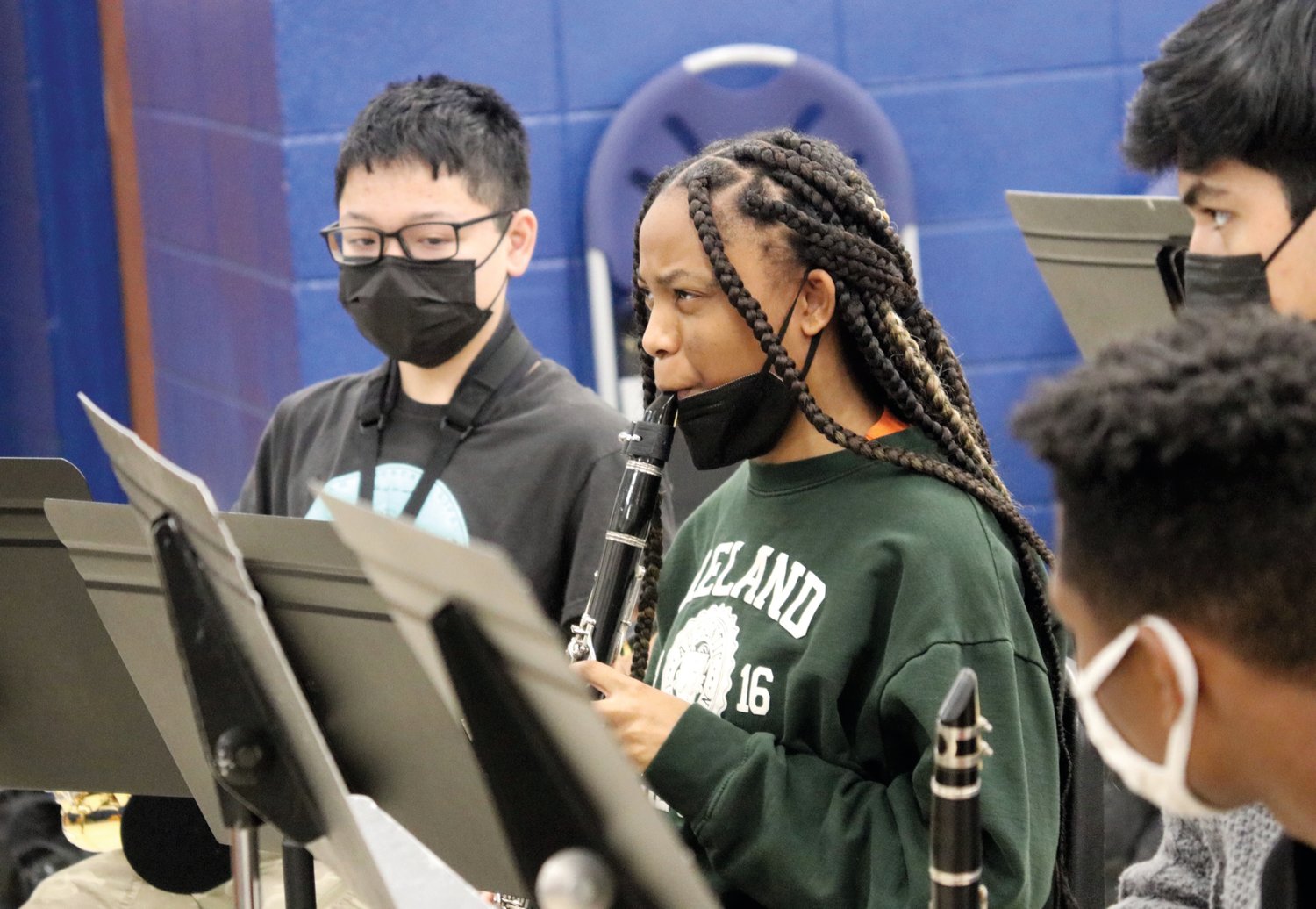 J-M student Cassidy DeShazo plays a tune beside during an afternoon workshop led by La Fiesta Latin Jazz Sextet last Friday. The band grouped students into sessions by instrument, including woodwinds.