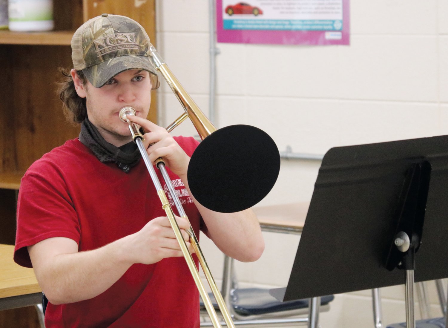 Trombonist Gavin Campbell plays a tune during an afternoon workshop led by La Fiesta Latin Jazz Sextet last Friday inside J-M.