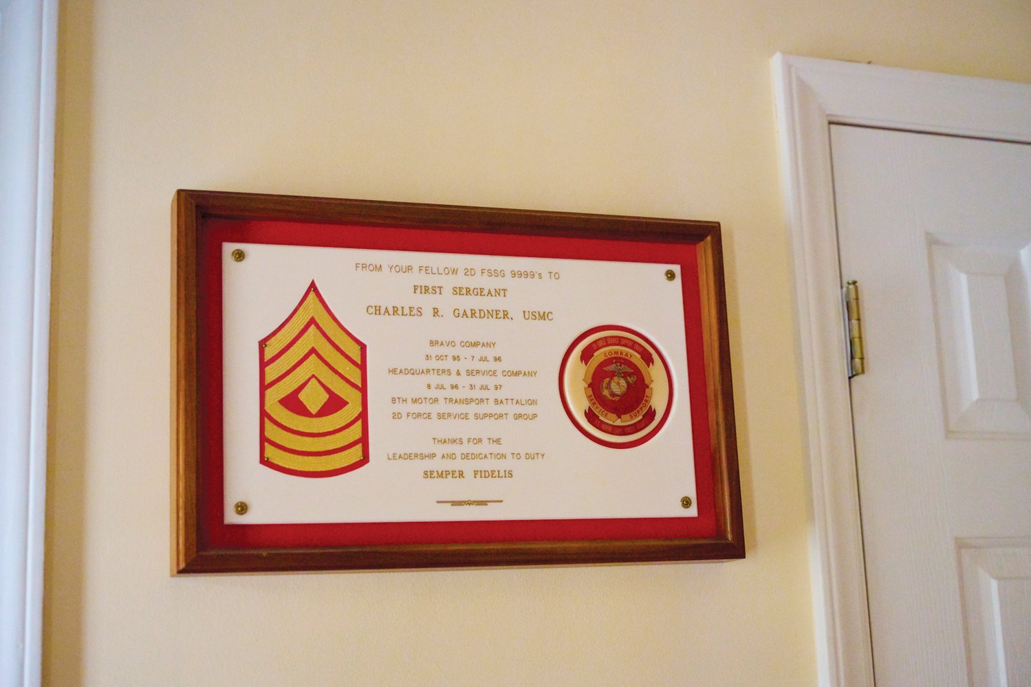 One of the many forms of recognition Gardner has received during his career — this from Gardner's fellow soldiers in the U.S. Marine Corp.