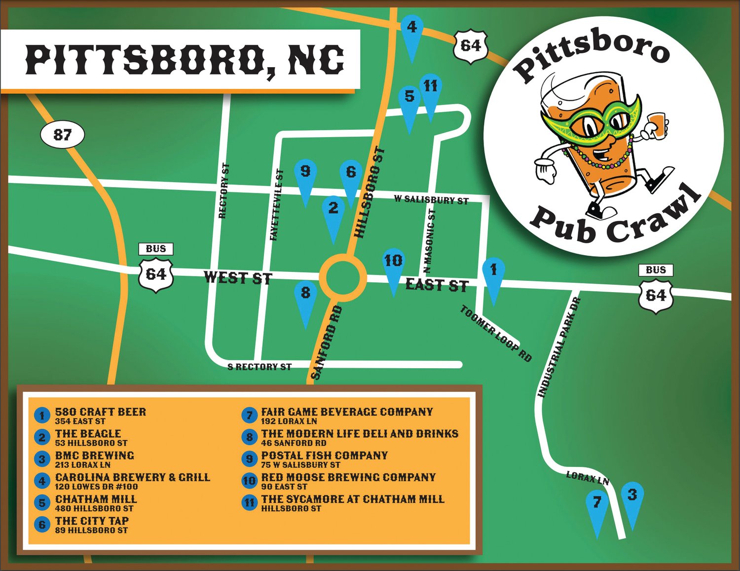 A map showing location of the Pittsboro Pub Crawl spots for the upcoming 'Mardi Gras' event. .