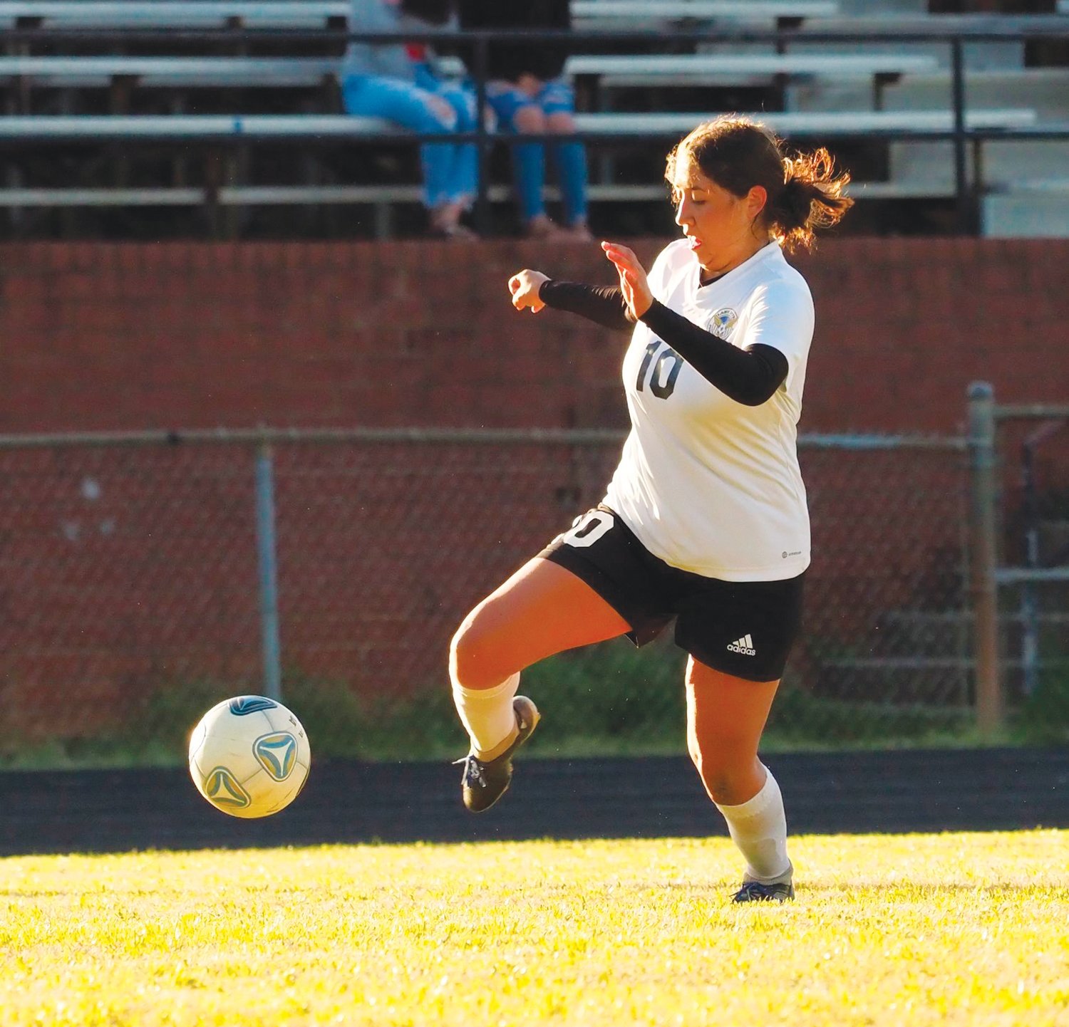 Jordan-Matthews sophomore Janeyra Guerrero Jaimes dribbles down the pitch toward Cummings' goal in the Jets' win over the Cavaliers on Moday. Guerrero Jaimes is just one of four captains head coach Josh Harris has praised for the team's 4-game winning streak.