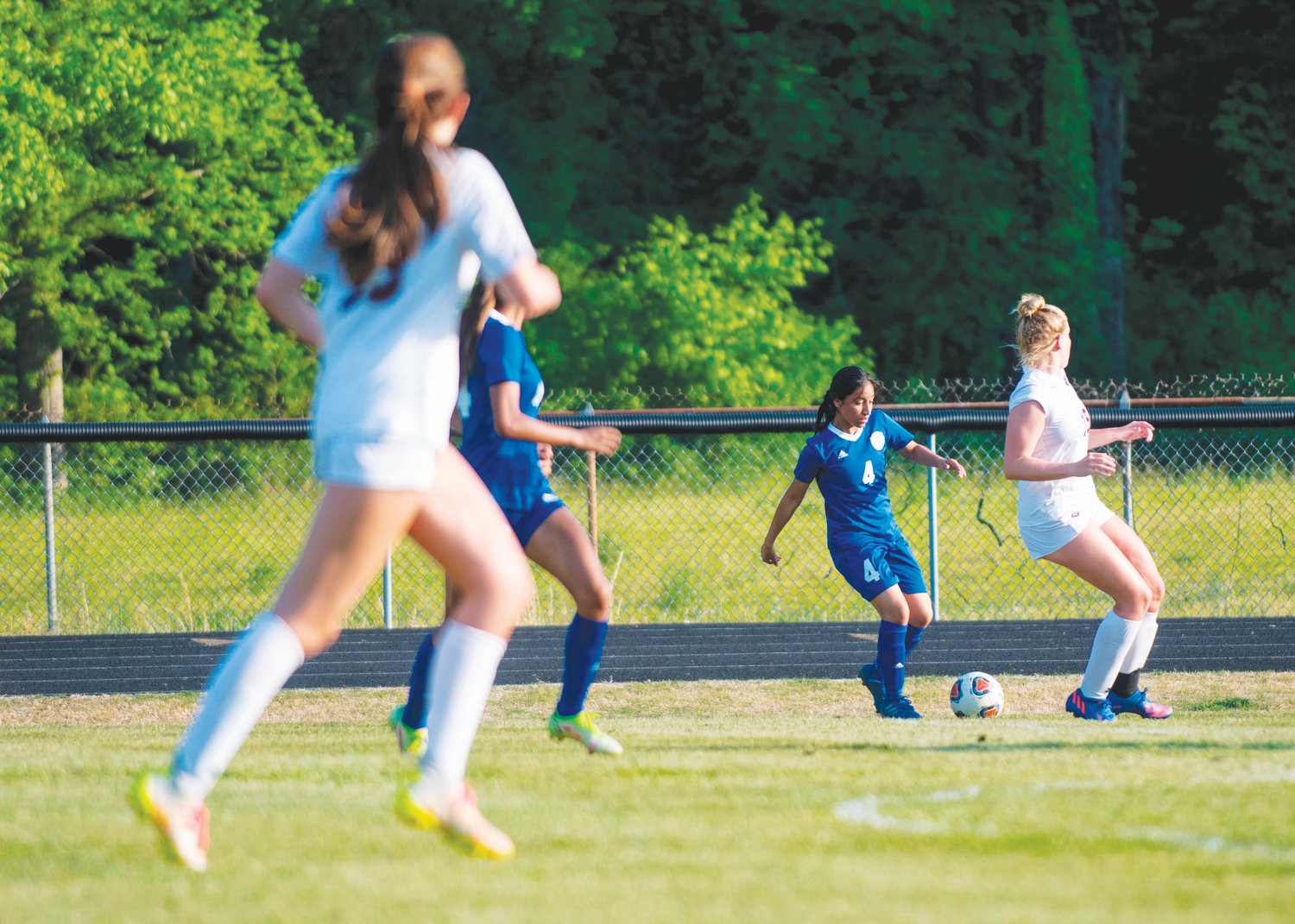 Jordan-Matthews junior Maricarmen Landa (4) dribbles the ball down the pitch during the Jets' 7-0 win over the Seaforth Hawks last Monday. Landa scored a hat trick in the win, with all of her goals coming in the first half.