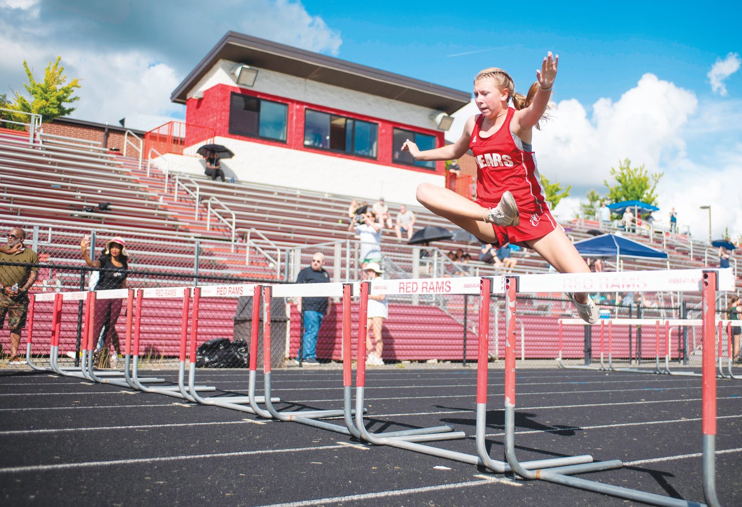 Chatham Central freshman Landry Allen clears a hurdle during a women's 100-meter hurdles prelim during the NCHSAA 1A Mideast Regionals on Saturday at Franklinton High School. Landry went on to place ninth in the event.