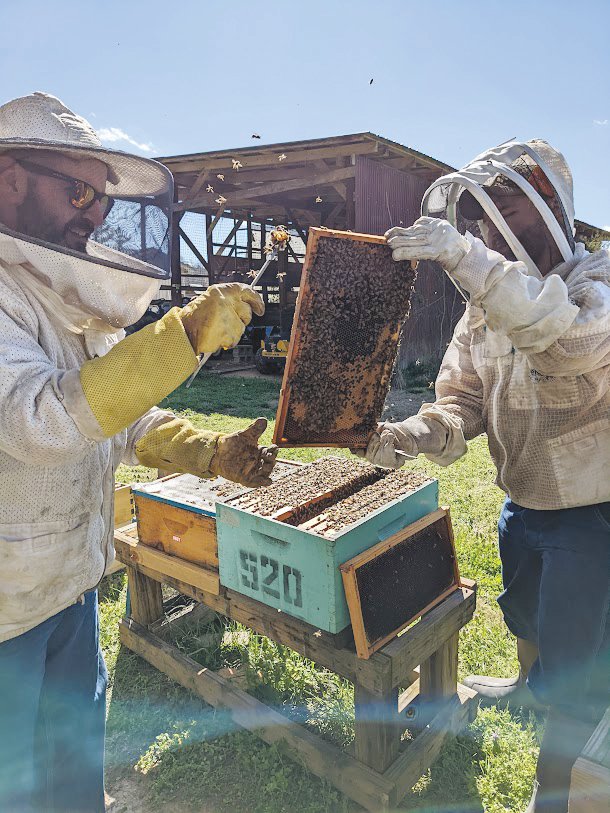 Erik Stevens (left) and his cousin Mitchell Shivers work throughout the year to ensure their bees are healthy and working hard at Three Dog Apiary in Pittsboro.