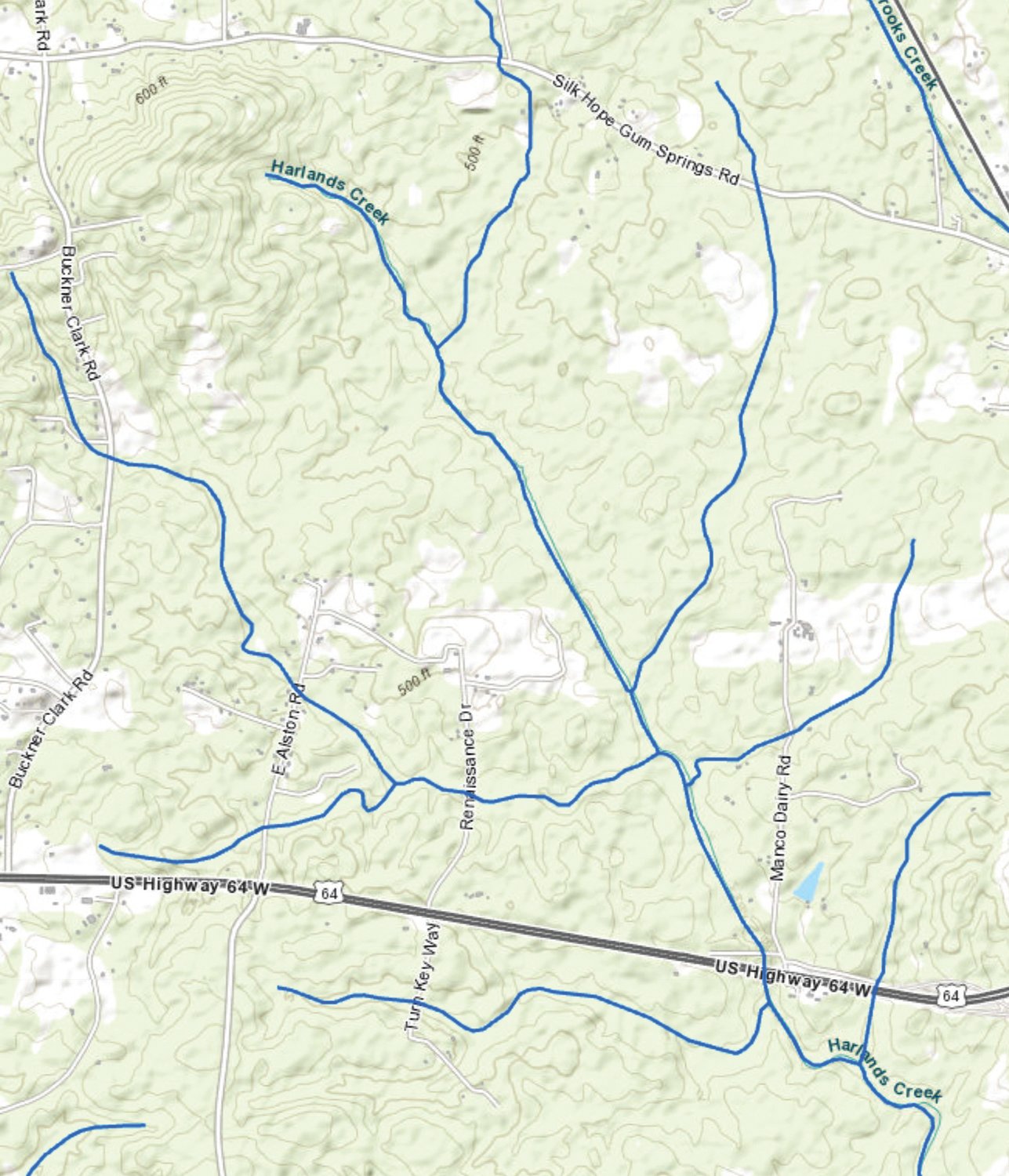 A map showing Harlands Creek, the site of a recent raw sewage spill in Pittsboro.