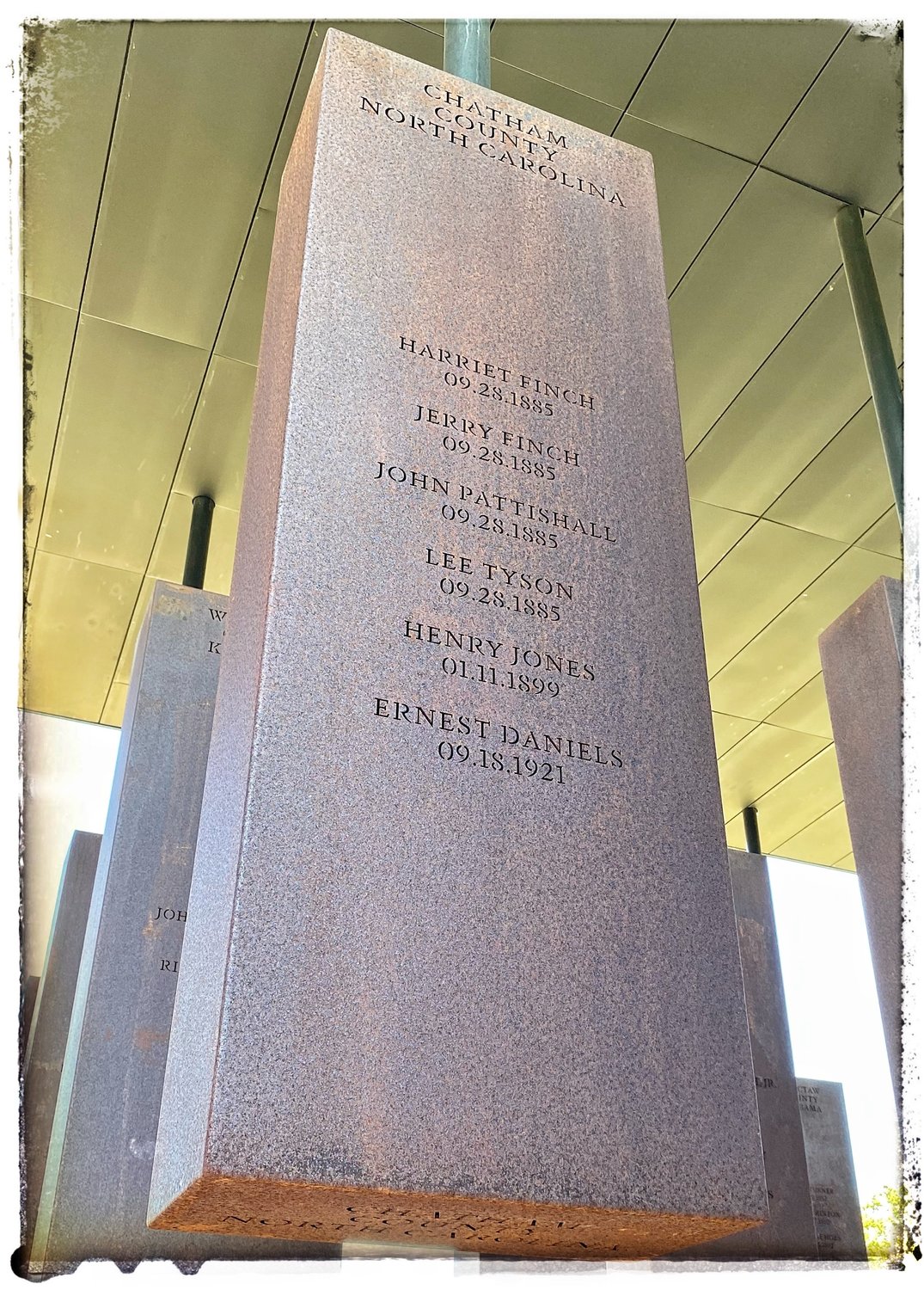 There are more than 800 six-foot tall corten steel monuments — one for each location in the U.S. where a racial terror lynching occured — at the EJI memorial. (Chatham's last victim, Eugene Daniel, was mistakenly identified as 'Ernest Daniels' in some press accounts after his 1921 lynching; the EJI plans to correct the spelling of his name.)