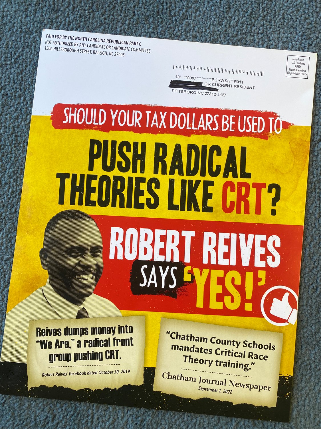 A political mailer sent to Dist. 54 voters by the North Carolina Republican Party attacking Robert Reives II.