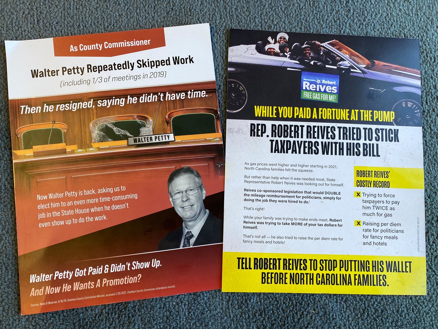 Examples of negative political mailers sent to Dist. 54 voters.