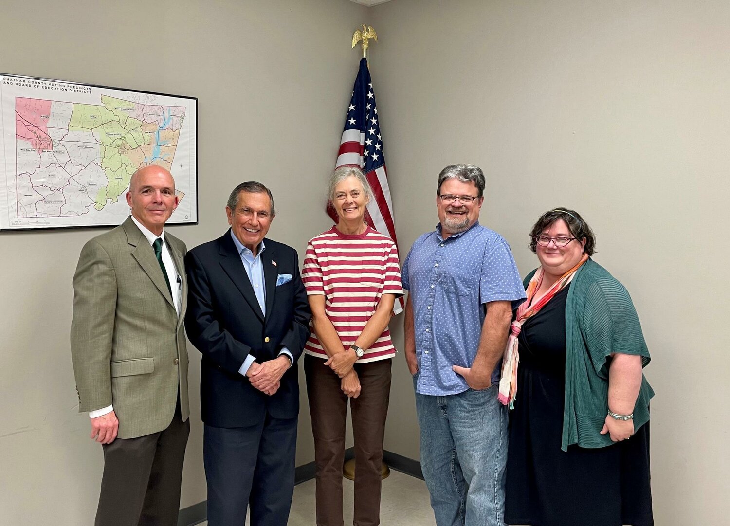 Chatham County Board of Elections members pictured (from left to right): Frank Dunphy II, Charles Ramos, Laura Heise, Mark Barroso, and Amy Meek.